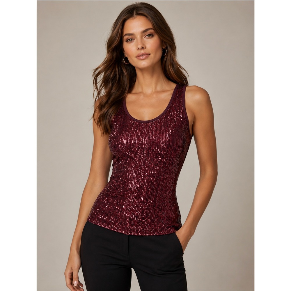 NWT Vtg Maurices Y2K Sequin Front Tank Top Small Burgundy Sparkle Party Stretch
